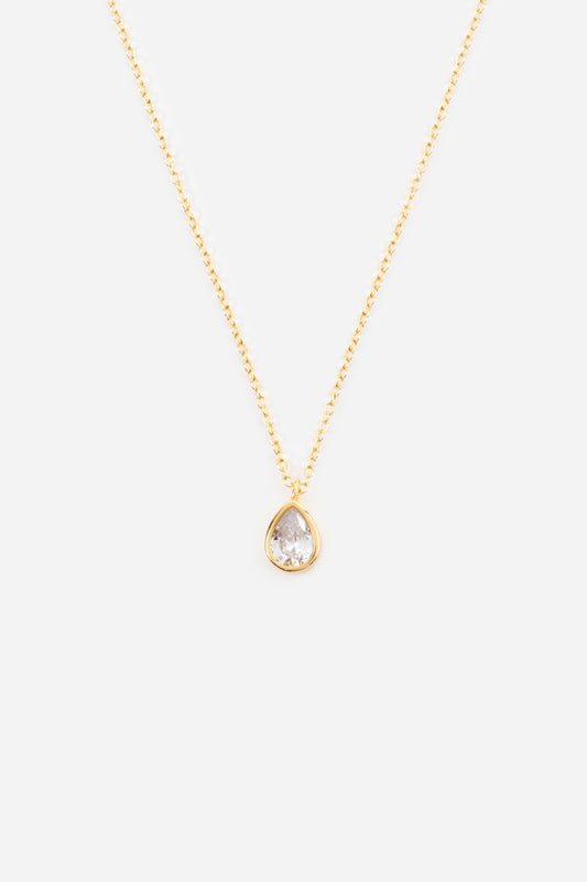 teardrop pendant with a cubic zirconia insert on a gold plated chain necklace
