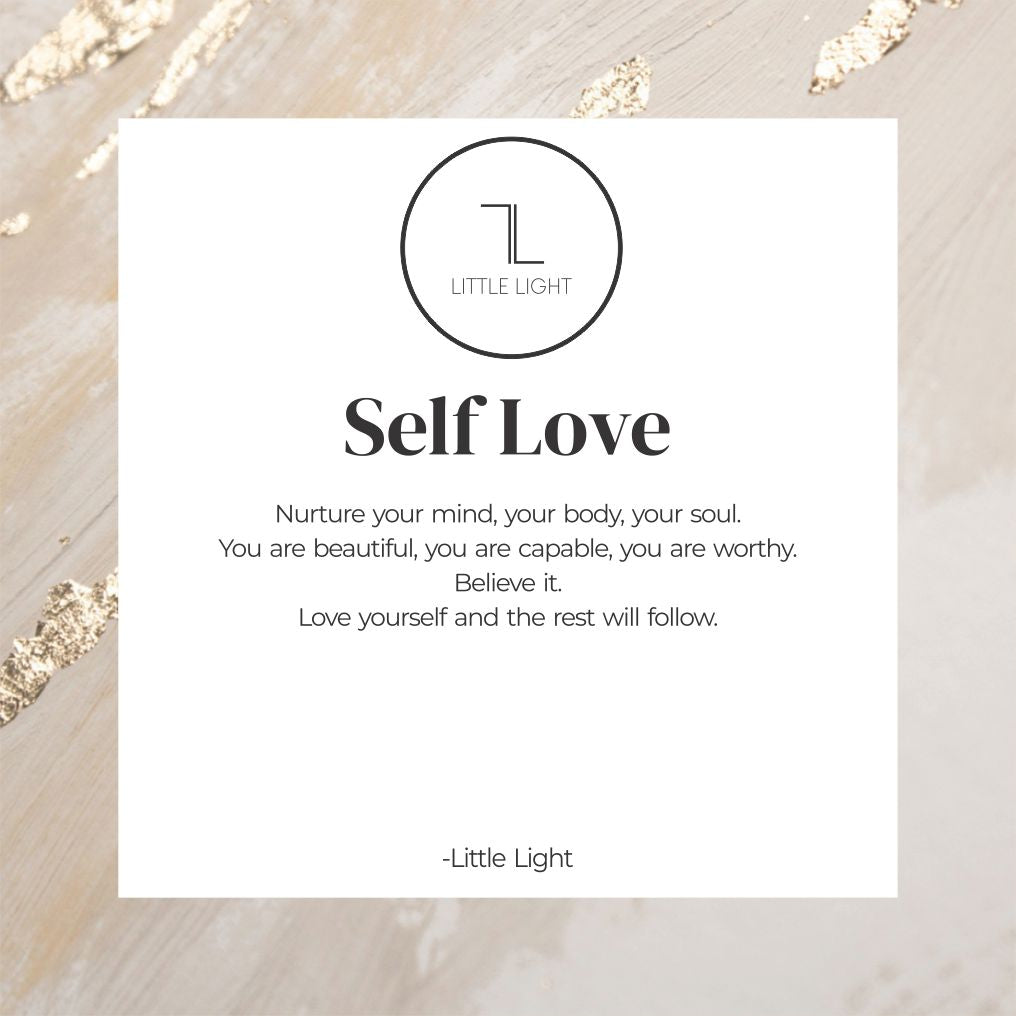 card that accompanies self love necklace. words on a white background with a marble effect border